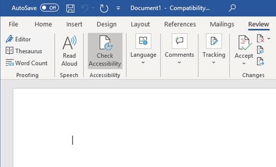 A screenshot of the accessibility checker button in Word.