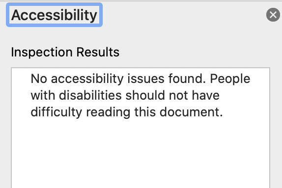 Screenshot of the accessibility checker reporting no issues found.