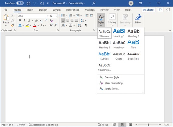 Screenshot of the styles menu in Word.