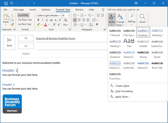 A screenshot showing the styles menu in Outlook.