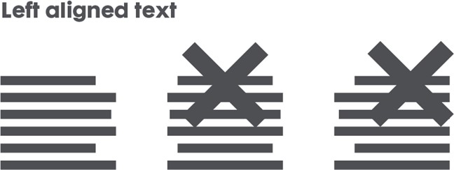 An image showing three examples of differently aligned text. Left aligned is on the left, with centre aligned in the middle with a cross over it, and right aligned on the right with a cross over it.