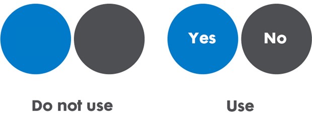 Graphic showing two circles showing how to use colour. This example says not to use colours alone (example on the left) and to use colour and text (example on the right)