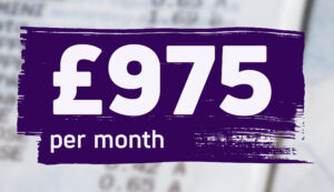 £975 per month in a purple box, against an out-of-focus payment card receipt.