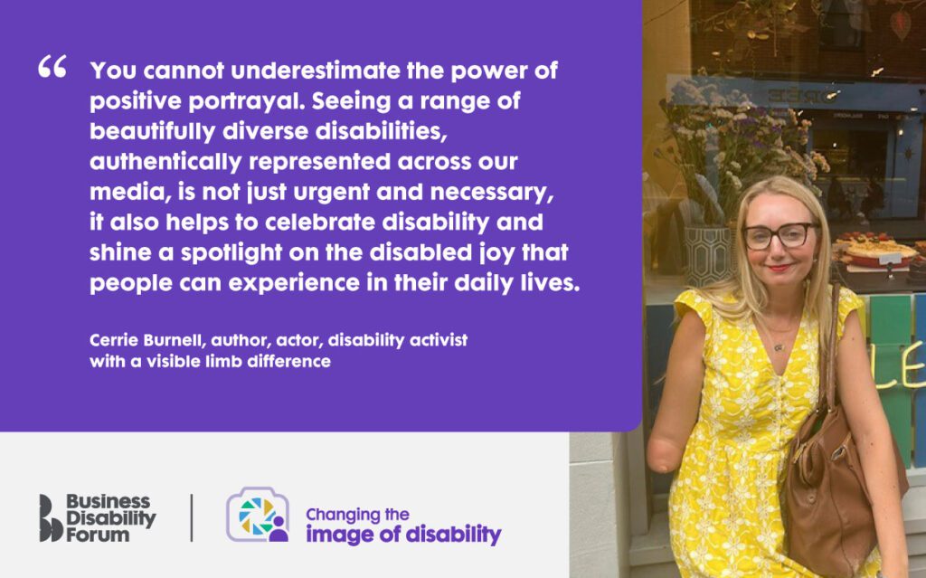 Cerri Burrell supporter of the Changing the image of disability campaign seated  wearing a yellow dress and glasses. Content description is shown below the image.