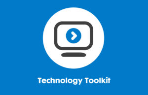 Business Disability Forum's Technology Toolkit graphic: the icon of a computer with a play button on the screen, all in a white circle against a blue background. The title is below the icon.