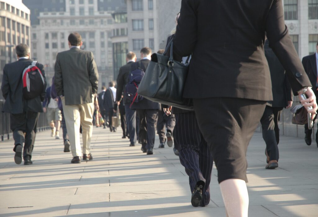 Crowd of businesspeople heading to work.