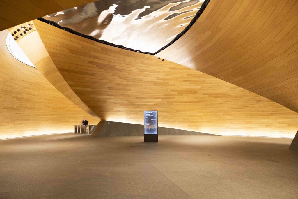 The lobby of the Bloomberg building, where the Disability Smart Awards 2024 ceremony took place, which signage announcing the event.