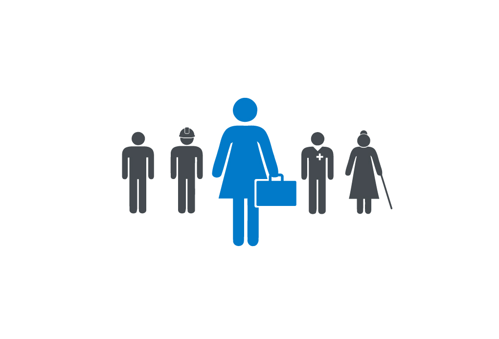 Graphic silhouettes of 5 people, the middle one larger than others and in blue holding a briefcase