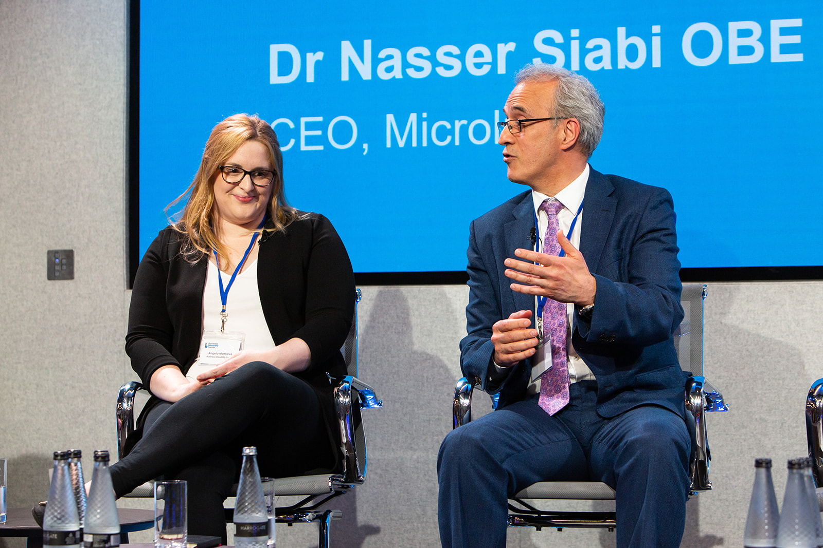 Angela Matthews and Dr Nasser Siabi OBE on stage during our 2023 Annual Conference.