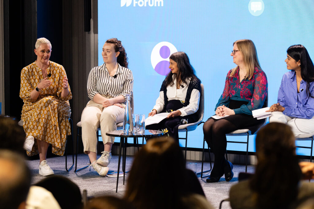 Charlie Magadah-Williams, Kim Whippy, Bela Gor, Caroline Curtis-Powell and Nainika Vyas on stage at the Business Disability Forum 2024 Annual Conference.